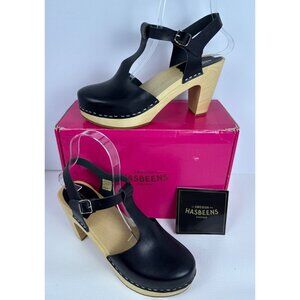 Swedish Hasbeens Womens 33601 T-Strap Sky High Black Leather Wooden Sandal SZ 39